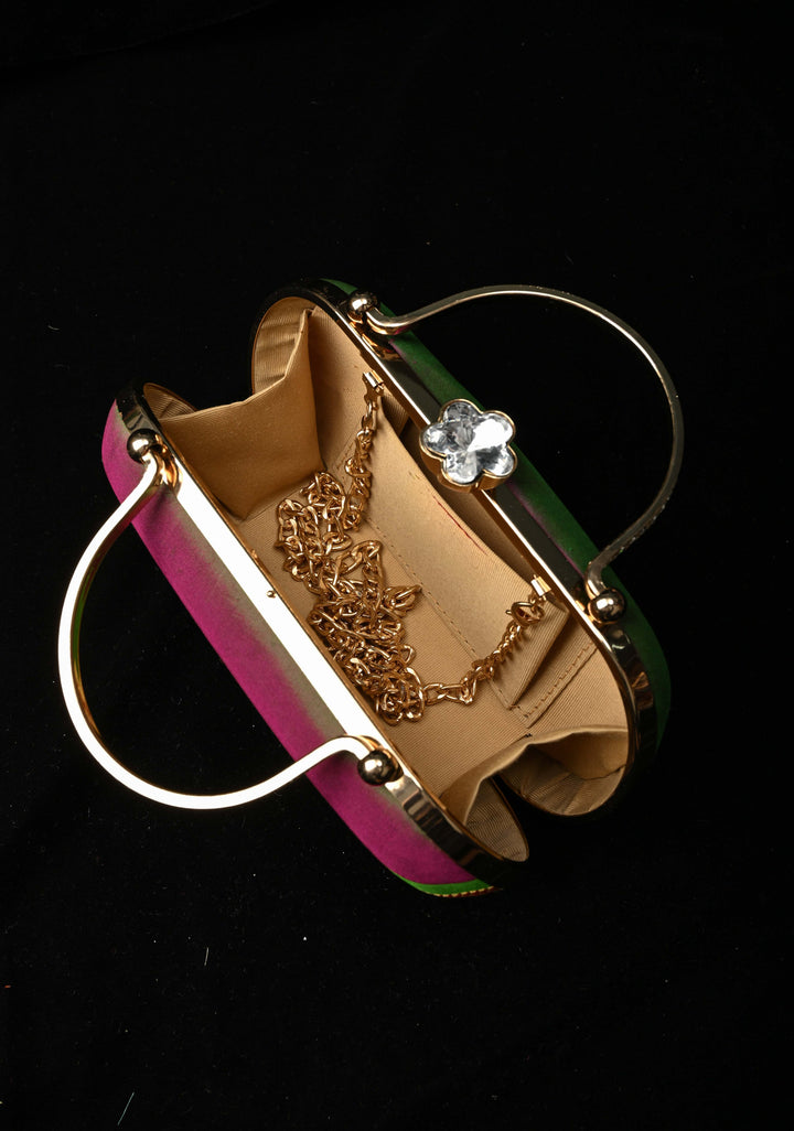 Authentic Yeola Paithani Pure Silk Clutch,  Dual tone Handle Brocade Clutch with Rhinestone Clasp | SILK MARK CERTIFIED