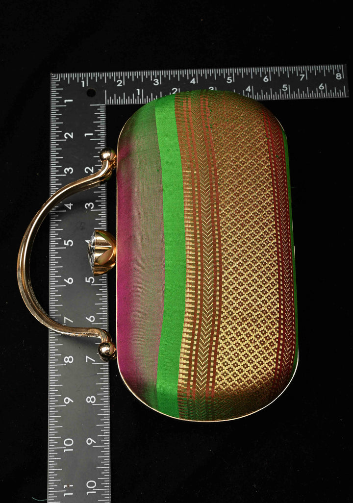 Authentic Yeola Paithani Pure Silk Clutch,  Dual tone Handle Brocade Clutch with Rhinestone Clasp | SILK MARK CERTIFIED