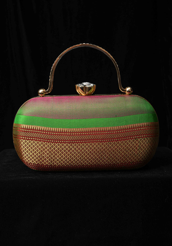 Authentic Yeola Paithani Pure Silk Clutch,  Dual tone Handle Brocade Clutch with Rhinestone Clasp | SILK MARK CERTIFIED