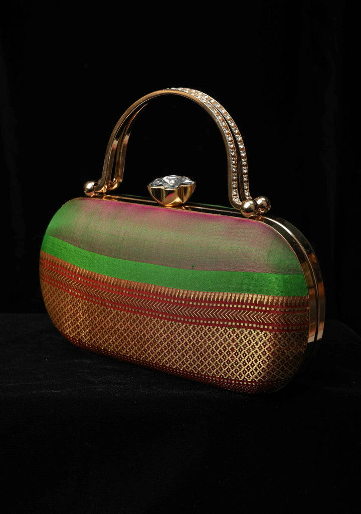 Authentic Yeola Paithani Pure Silk Clutch,  Dual tone Handle Brocade Clutch with Rhinestone Clasp | SILK MARK CERTIFIED