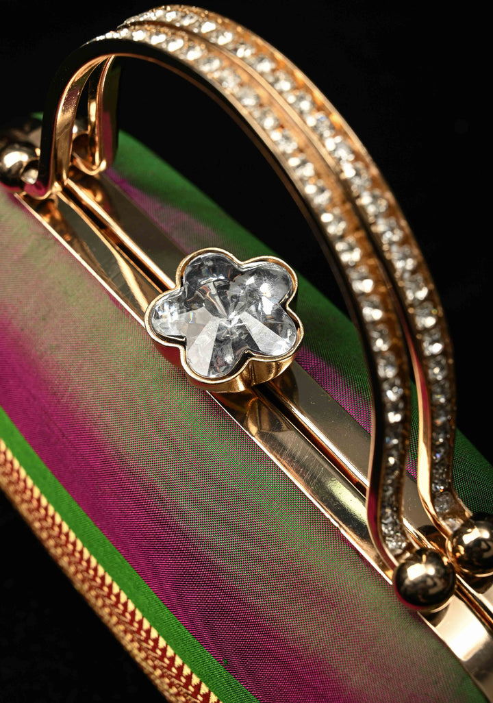 Authentic Yeola Paithani Pure Silk Clutch,  Dual tone Handle Brocade Clutch with Rhinestone Clasp | SILK MARK CERTIFIED