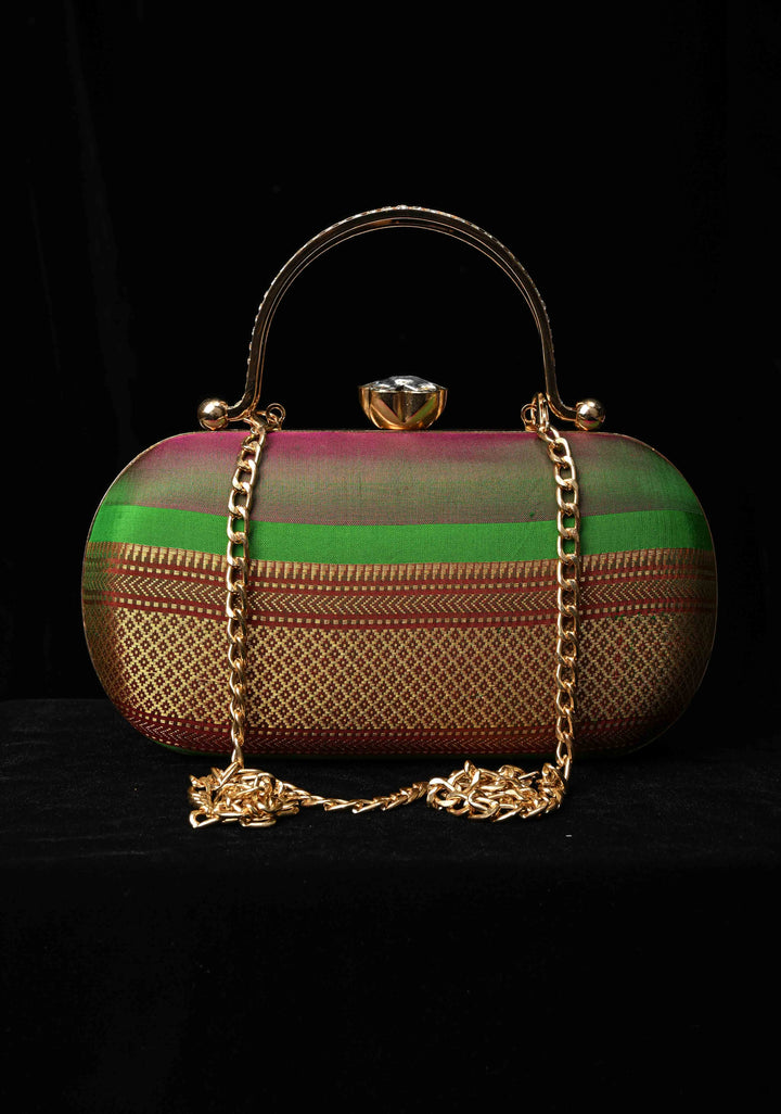 Authentic Yeola Paithani Pure Silk Clutch,  Dual tone Handle Brocade Clutch with Rhinestone Clasp | SILK MARK CERTIFIED