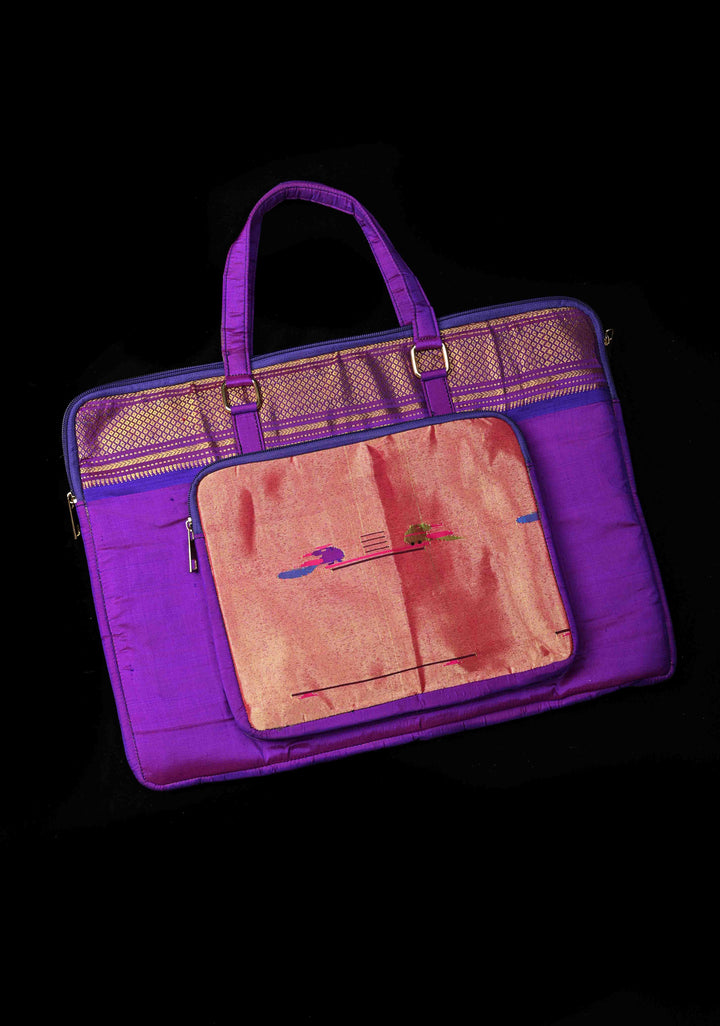 Purple Pure Silk Paithani Laptop Bag with Zari Border and Parrot Peacock Tissue Handwoven Motifs | SILK MARK CERTIFIED