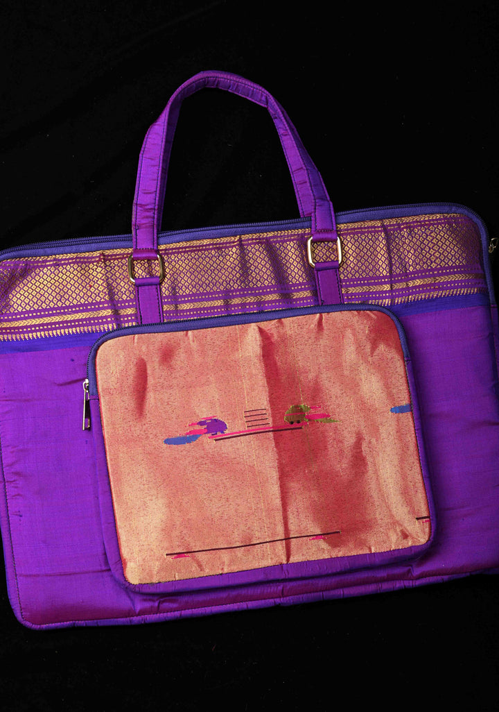 Purple Pure Silk Paithani Laptop Bag with Zari Border and Parrot Peacock Tissue Handwoven Motifs | SILK MARK CERTIFIED