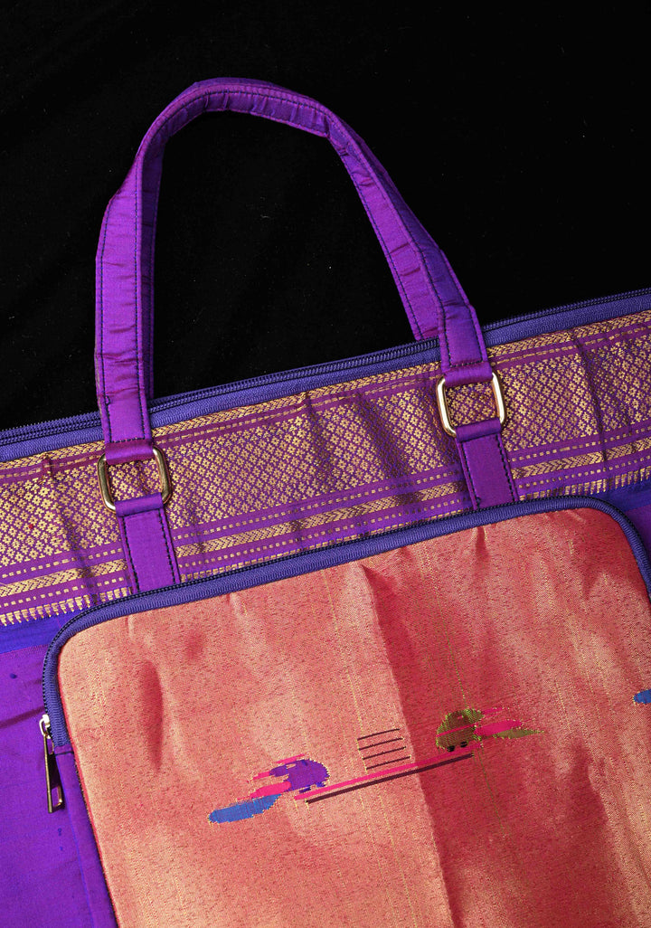 Purple Pure Silk Paithani Laptop Bag with Zari Border and Parrot Peacock Tissue Handwoven Motifs | SILK MARK CERTIFIED