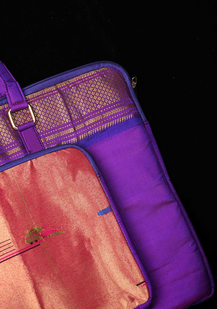 Purple Pure Silk Paithani Laptop Bag with Zari Border and Parrot Peacock Tissue Handwoven Motifs | SILK MARK CERTIFIED