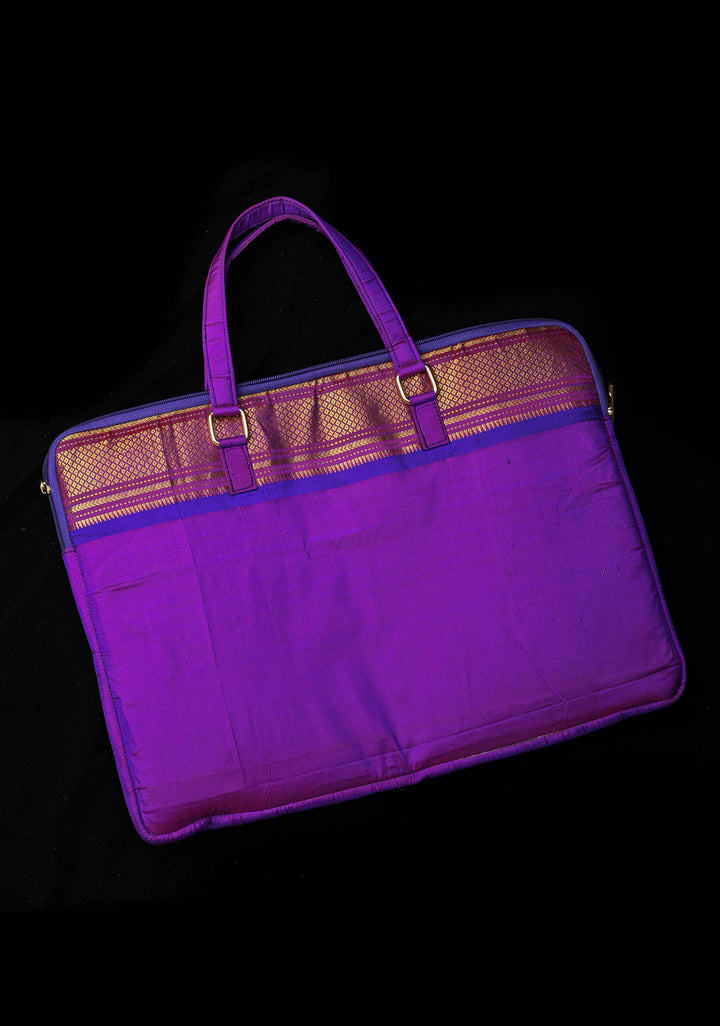 Purple Pure Silk Paithani Laptop Bag with Zari Border and Parrot Peacock Tissue Handwoven Motifs | SILK MARK CERTIFIED