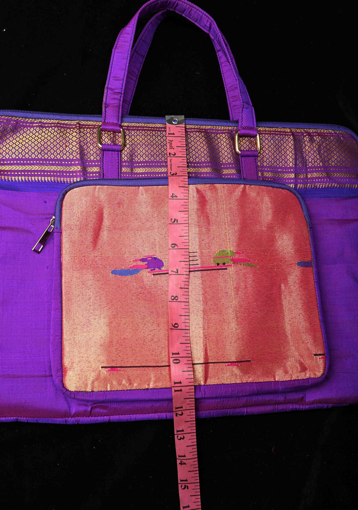 Purple Pure Silk Paithani Laptop Bag with Zari Border and Parrot Peacock Tissue Handwoven Motifs | SILK MARK CERTIFIED