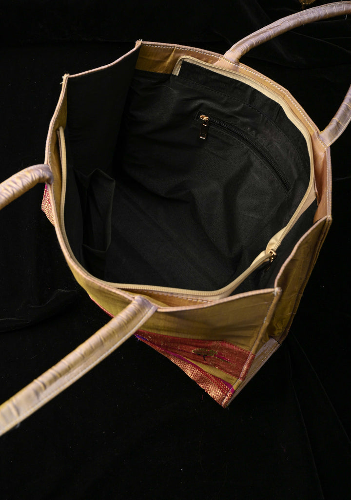 Silver Gray and Magenta Yeola Paithani Pure Silk Tote Bag with Peacock Motifs | SILK MARK CERTIFIED