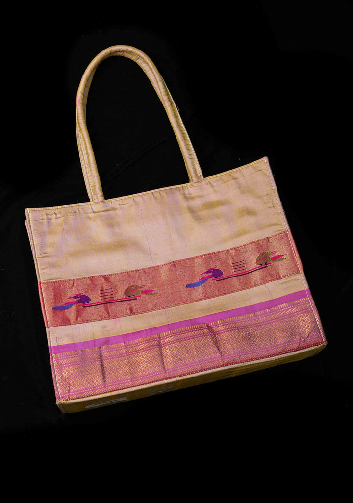 Silver Gray and Magenta Yeola Paithani Pure Silk Tote Bag with Peacock Motifs | SILK MARK CERTIFIED