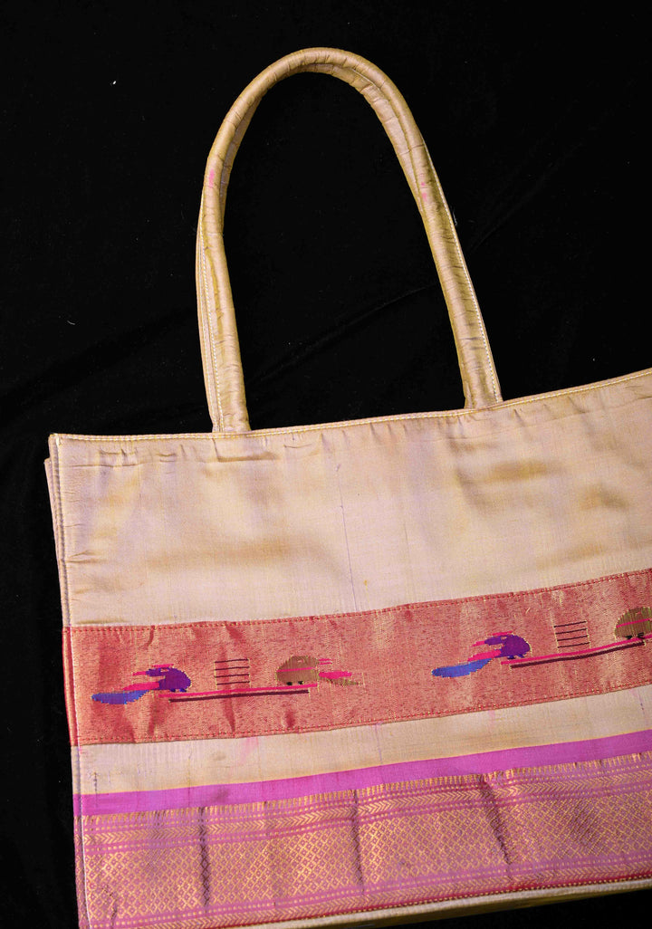 Silver Gray and Magenta Yeola Paithani Pure Silk Tote Bag with Peacock Motifs | SILK MARK CERTIFIED