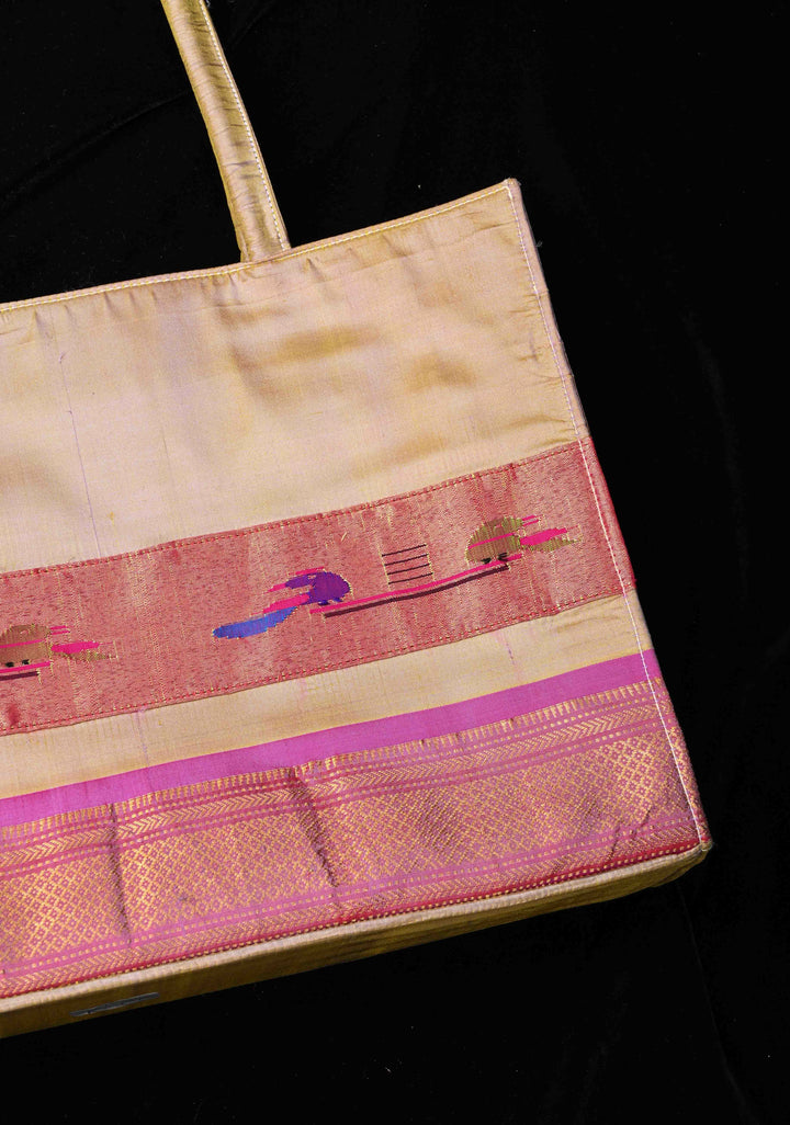 Silver Gray and Magenta Yeola Paithani Pure Silk Tote Bag with Peacock Motifs | SILK MARK CERTIFIED