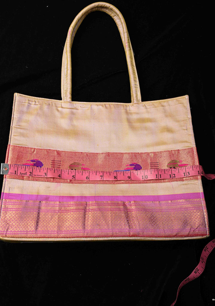 Silver Gray and Magenta Yeola Paithani Pure Silk Tote Bag with Peacock Motifs | SILK MARK CERTIFIED