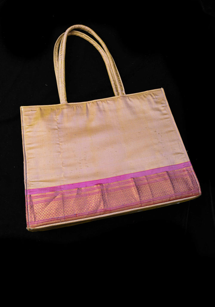 Silver Gray and Magenta Yeola Paithani Pure Silk Tote Bag with Peacock Motifs | SILK MARK CERTIFIED