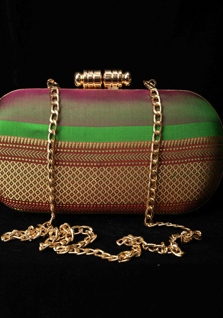 Yeola Paithani Pure SIlk Clutch in Green with Zari Borders Dual tone Stripes Clutch with Detachable Chain | SILK MARK CERTIFIED