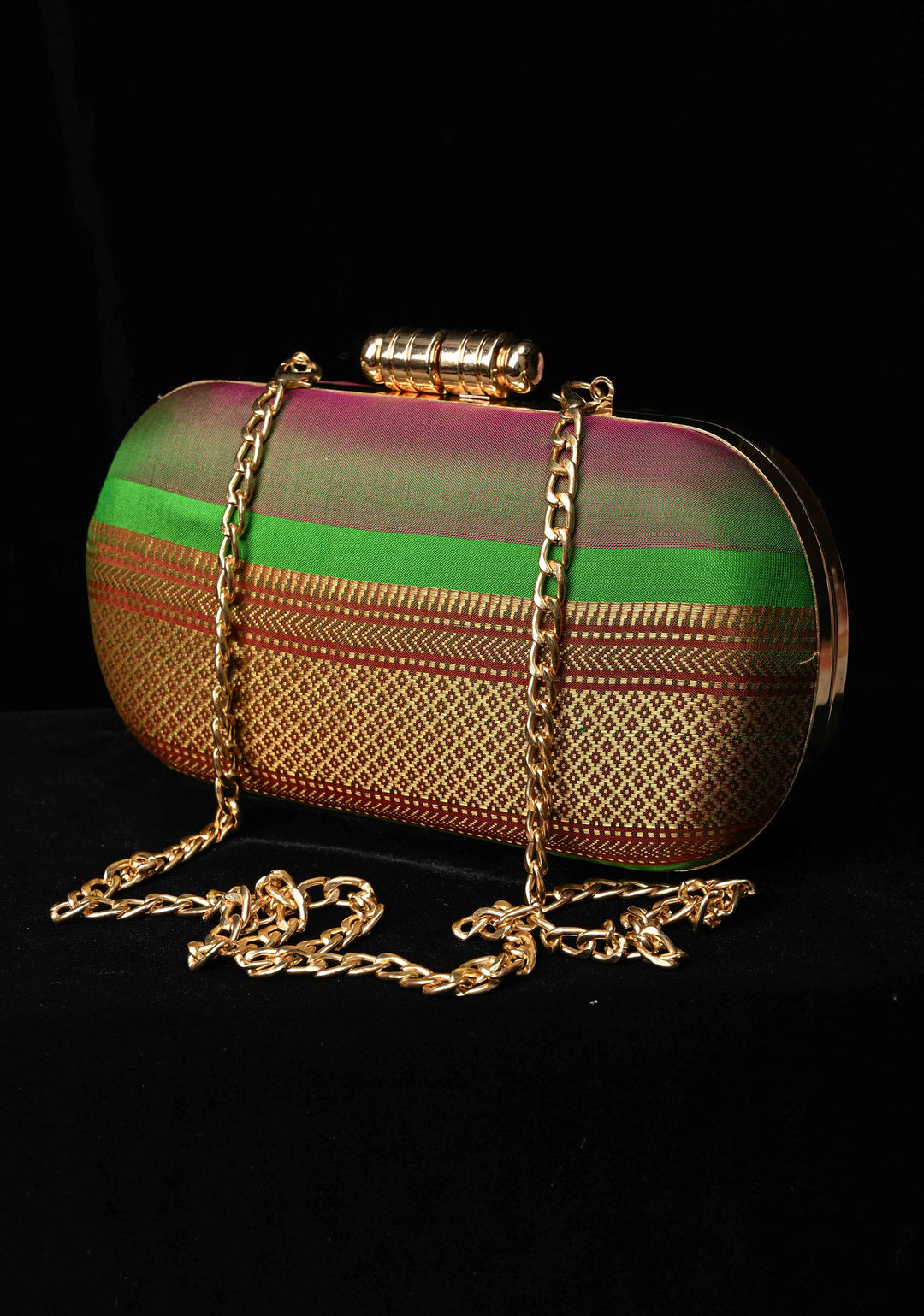 Yeola Paithani Pure SIlk Clutch in Green with Zari Borders Dual tone Stripes Clutch with Detachable Chain | SILK MARK CERTIFIED