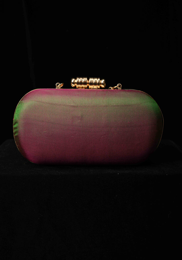 Yeola Paithani Pure SIlk Clutch in Green with Zari Borders Dual tone Stripes Clutch with Detachable Chain | SILK MARK CERTIFIED