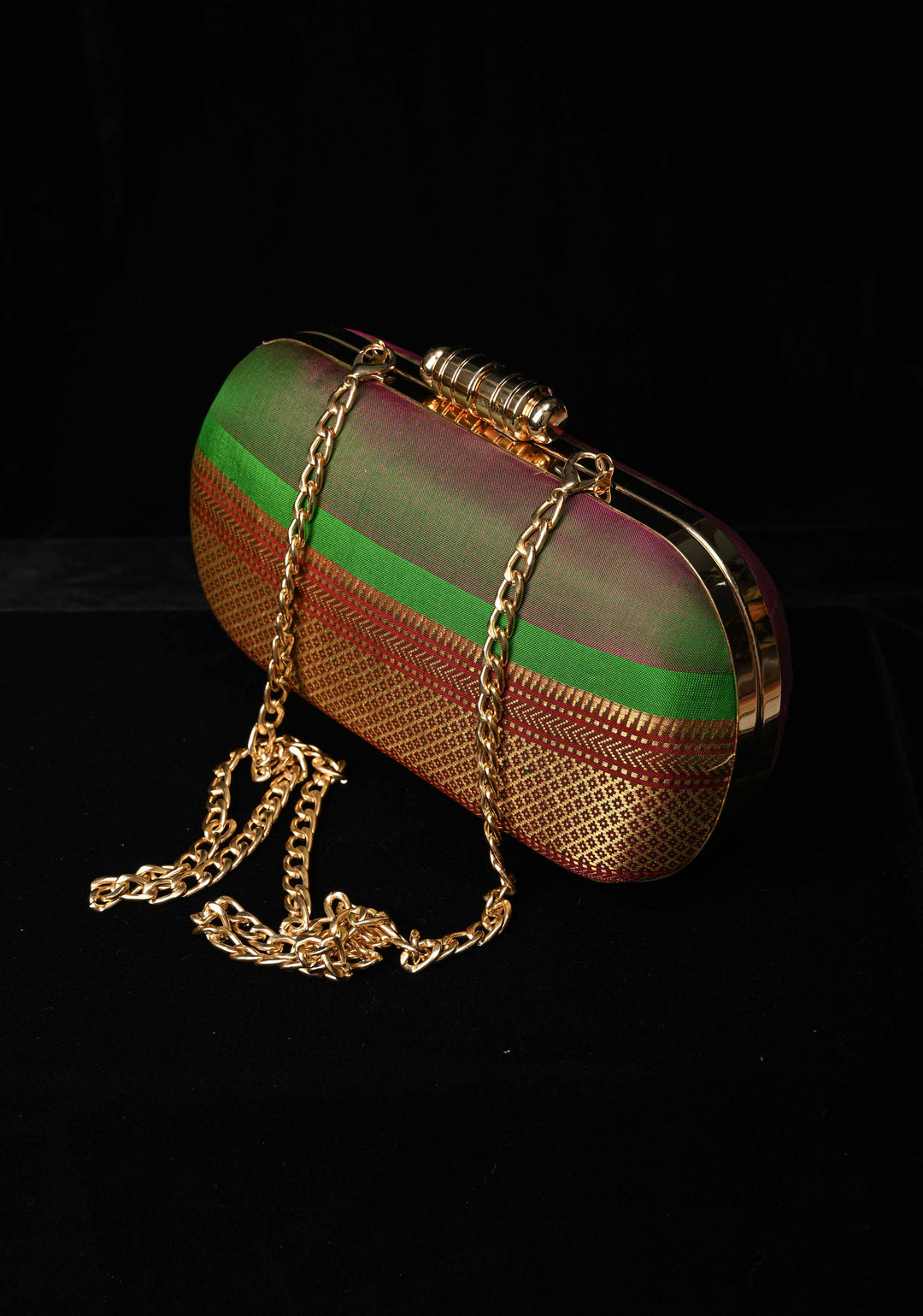 Yeola Paithani Pure SIlk Clutch in Green with Zari Borders Dual tone Stripes Clutch with Detachable Chain | SILK MARK CERTIFIED