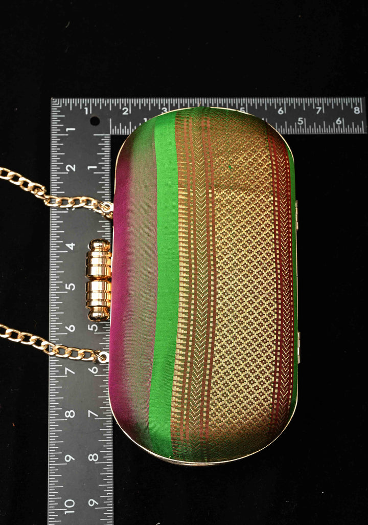 Yeola Paithani Pure SIlk Clutch in Green with Zari Borders Dual tone Stripes Clutch with Detachable Chain | SILK MARK CERTIFIED