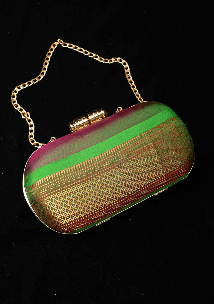 Yeola Paithani Pure SIlk Clutch in Green with Zari Borders Dual tone Stripes Clutch with Detachable Chain | SILK MARK CERTIFIED