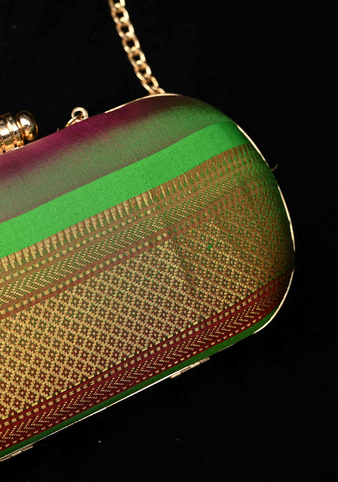 Yeola Paithani Pure SIlk Clutch in Green with Zari Borders Dual tone Stripes Clutch with Detachable Chain | SILK MARK CERTIFIED