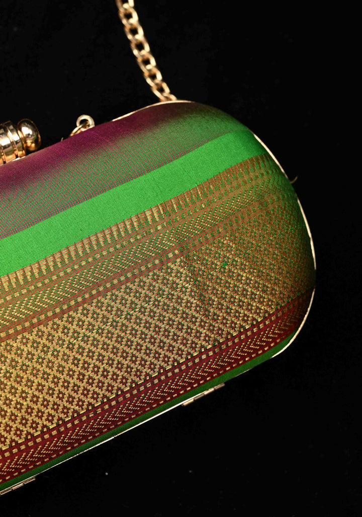 Yeola Paithani Pure SIlk Clutch in Green with Zari Borders Dual tone Stripes Clutch with Detachable Chain | SILK MARK CERTIFIED