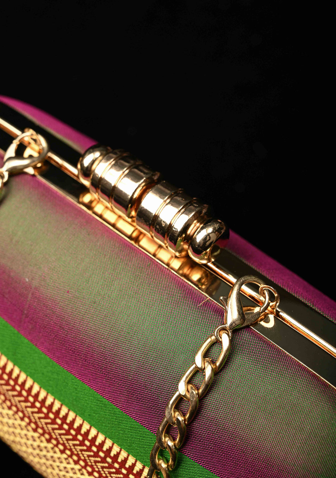 Yeola Paithani Pure SIlk Clutch in Green with Zari Borders Dual tone Stripes Clutch with Detachable Chain | SILK MARK CERTIFIED