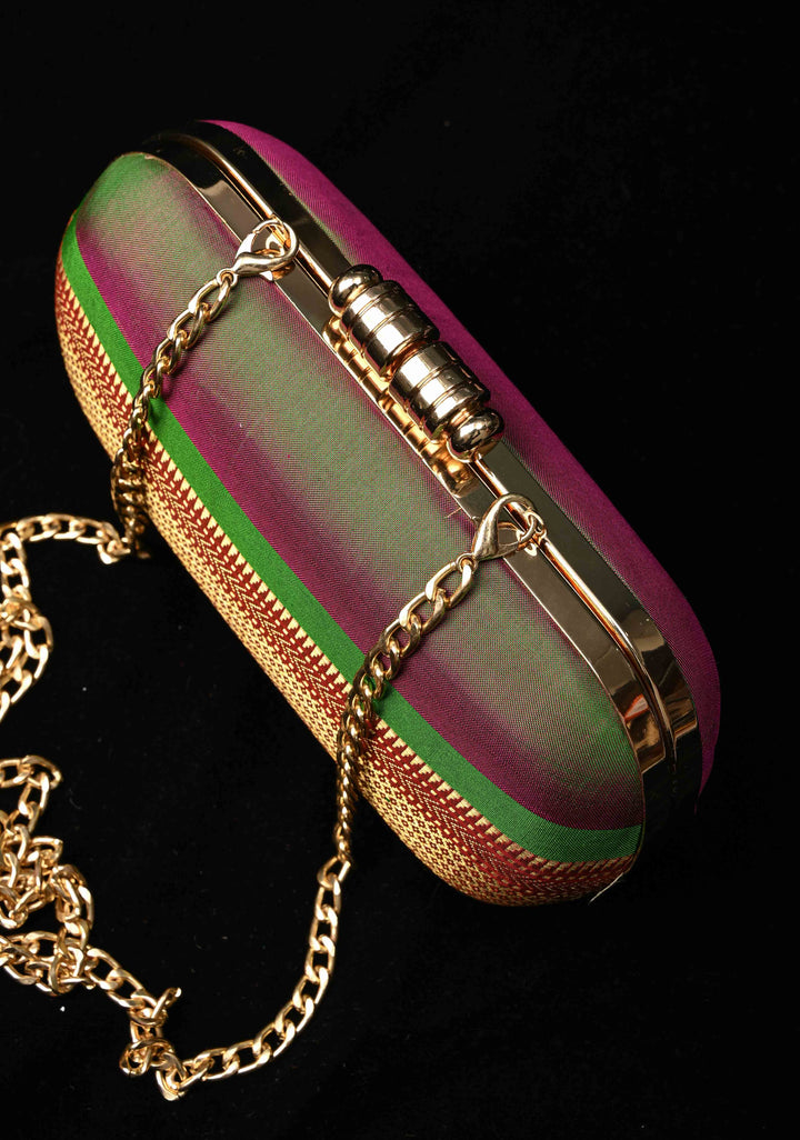 Yeola Paithani Pure SIlk Clutch in Green with Zari Borders Dual tone Stripes Clutch with Detachable Chain | SILK MARK CERTIFIED
