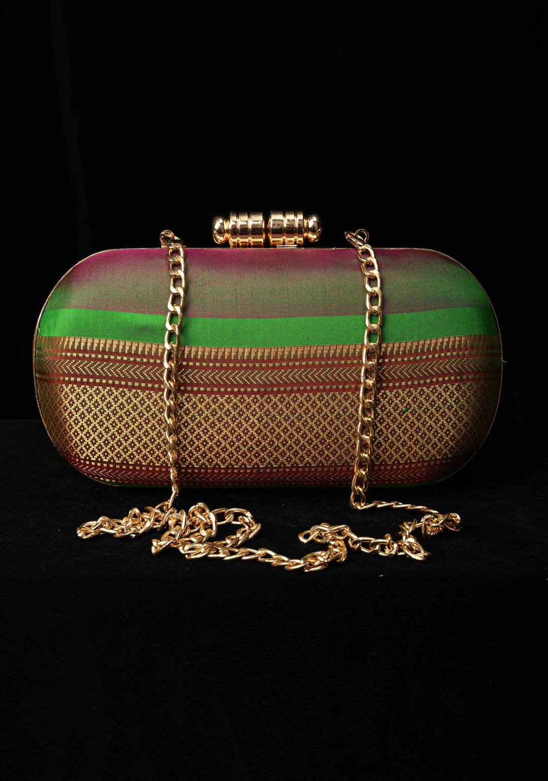 Yeola Paithani Pure SIlk Clutch in Green with Zari Borders Dual tone Stripes Clutch with Detachable Chain | SILK MARK CERTIFIED