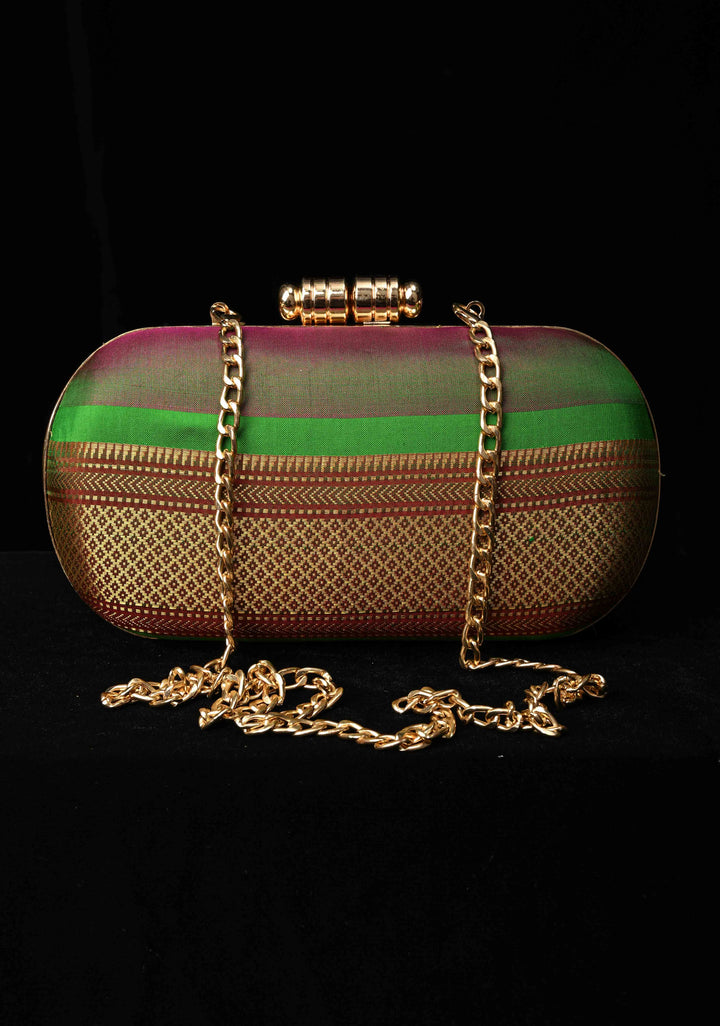 Yeola Paithani Pure SIlk Clutch in Green with Zari Borders Dual tone Stripes Clutch with Detachable Chain | SILK MARK CERTIFIED