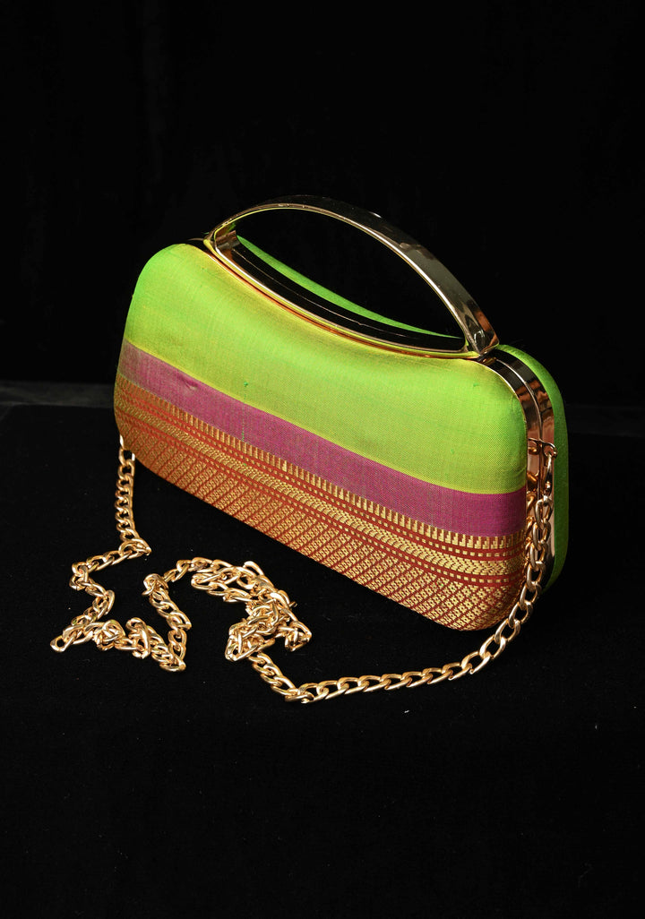 Authentic Yeola Paithani Handloom Pure Silk Clutch in Chartreuse with zari stripes | SILK MARK CERTIFIED