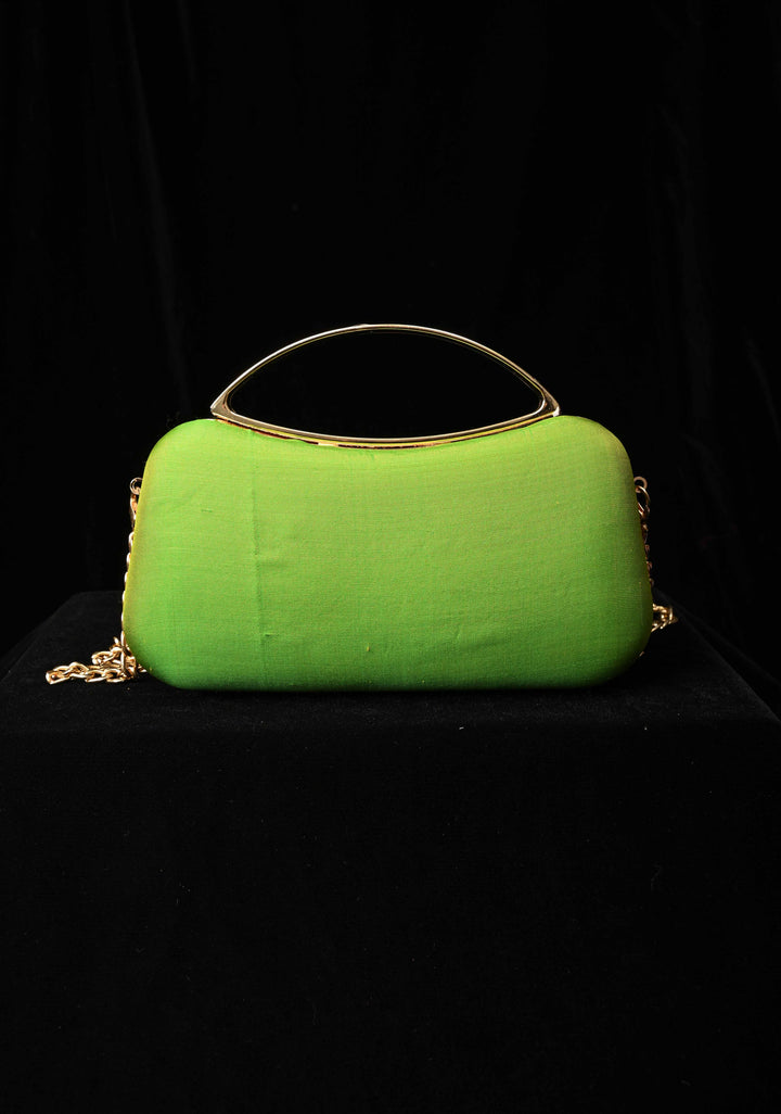 Authentic Yeola Paithani Handloom Pure Silk Clutch in Chartreuse with zari stripes | SILK MARK CERTIFIED
