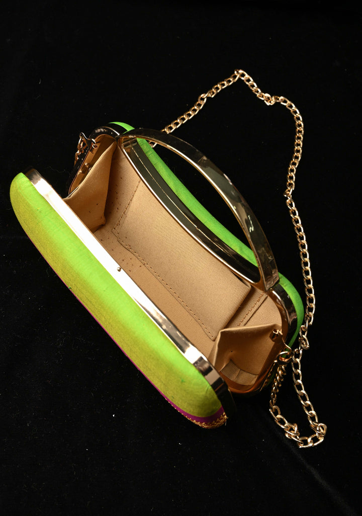 Authentic Yeola Paithani Handloom Pure Silk Clutch in Chartreuse with zari stripes | SILK MARK CERTIFIED