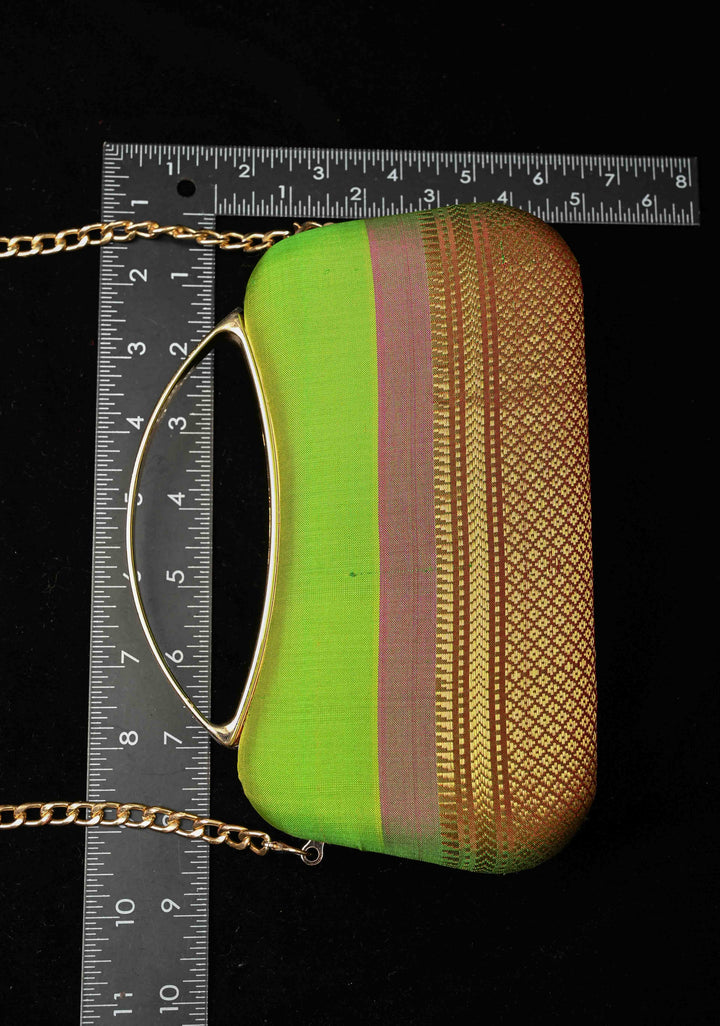 Authentic Yeola Paithani Handloom Pure Silk Clutch in Chartreuse with zari stripes | SILK MARK CERTIFIED