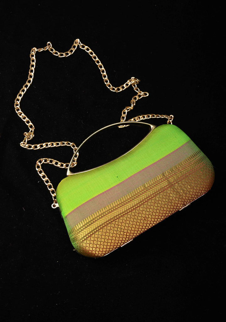 Authentic Yeola Paithani Handloom Pure Silk Clutch in Chartreuse with zari stripes | SILK MARK CERTIFIED