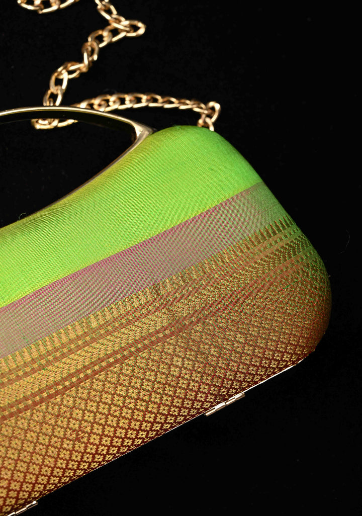 Authentic Yeola Paithani Handloom Pure Silk Clutch in Chartreuse with zari stripes | SILK MARK CERTIFIED