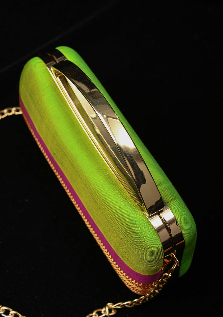 Authentic Yeola Paithani Handloom Pure Silk Clutch in Chartreuse with zari stripes | SILK MARK CERTIFIED