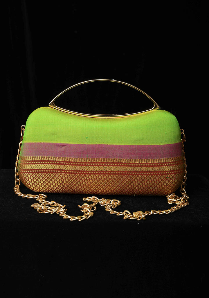 Authentic Yeola Paithani Handloom Pure Silk Clutch in Chartreuse with zari stripes | SILK MARK CERTIFIED