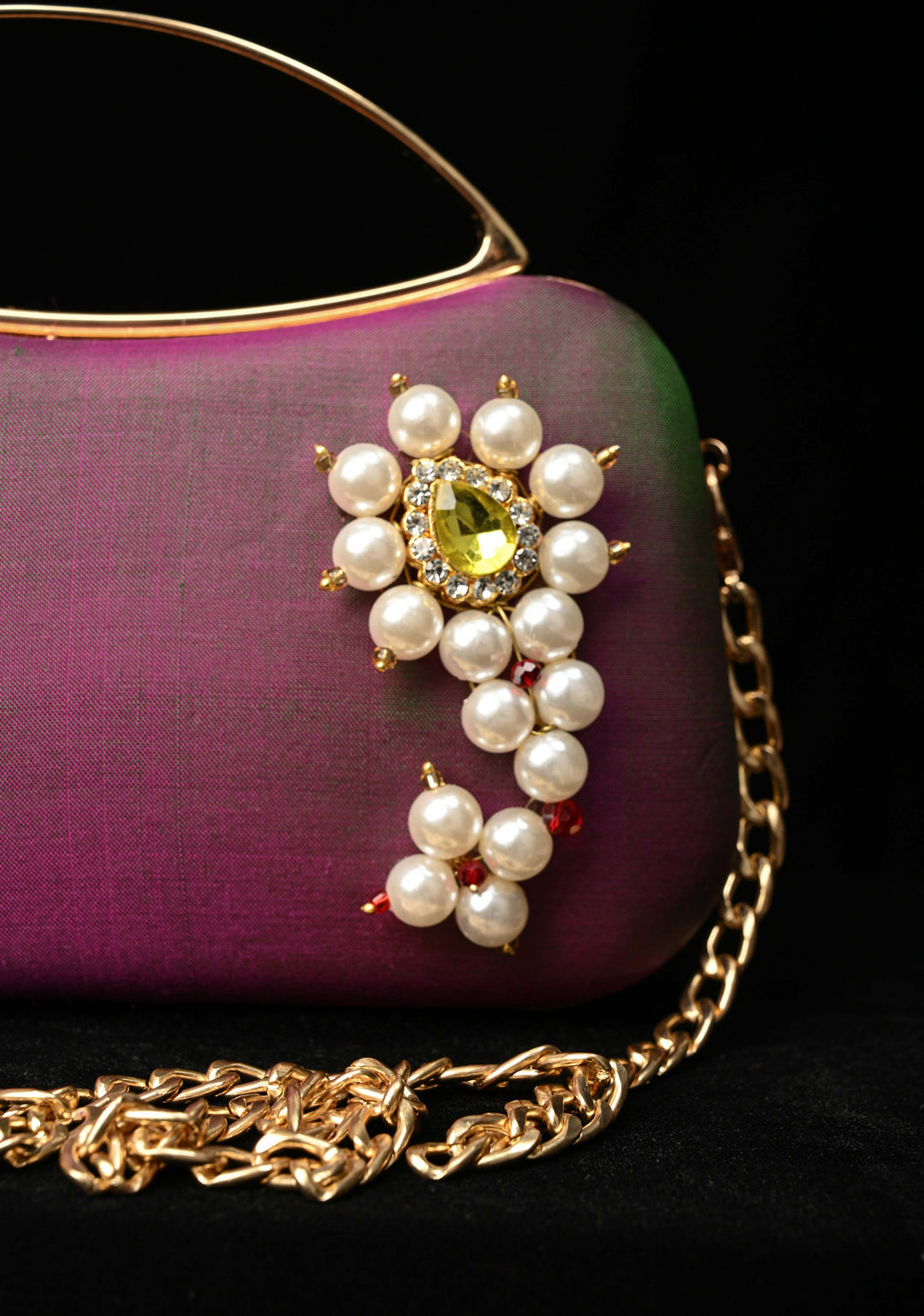 Pure Yeola Paithani Silk Cluth with Moti Nath Detailing, handles and detachable chain | SILK MARK CERTIFIED