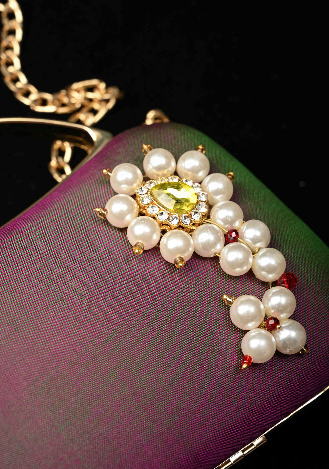 Pure Yeola Paithani Silk Cluth with Moti Nath Detailing, handles and detachable chain | SILK MARK CERTIFIED
