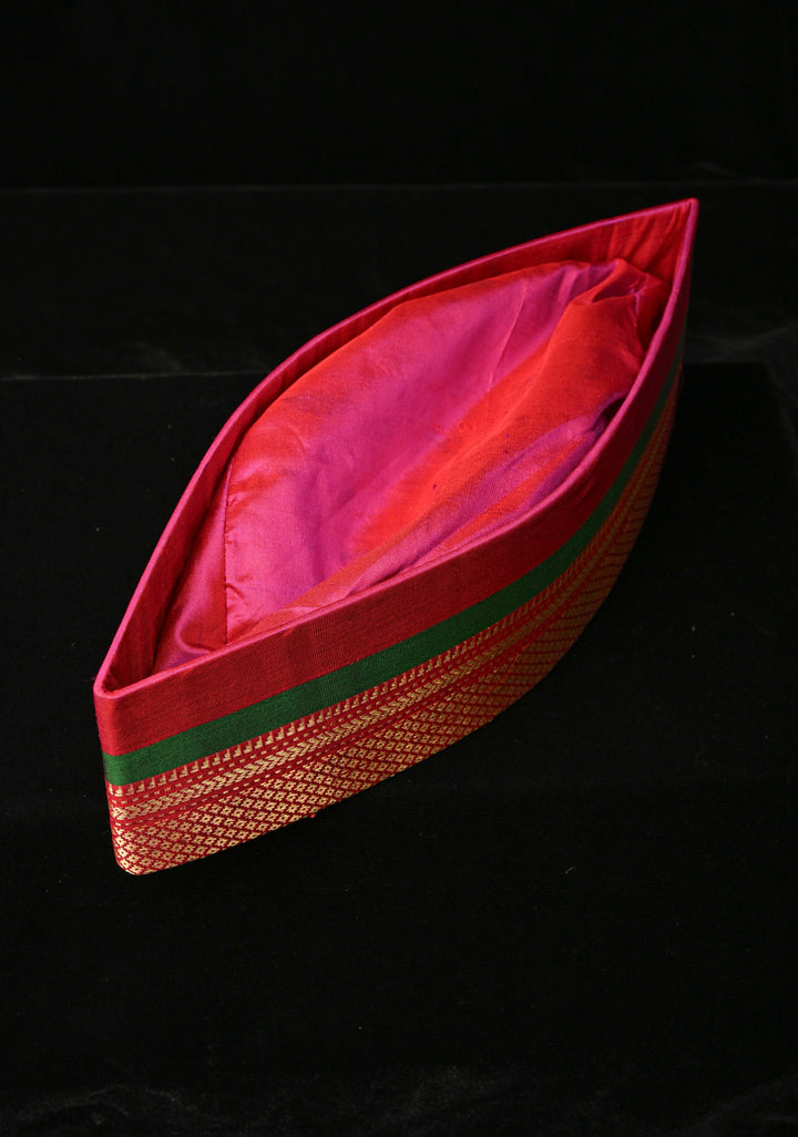 Fuchsia Pink Brocade Turban Hat with Zari Border | SILK MARK CERTIFIED