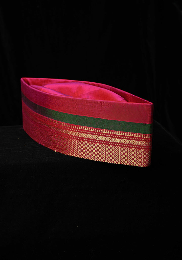 Fuchsia Pink Brocade Turban Hat with Zari Border | SILK MARK CERTIFIED