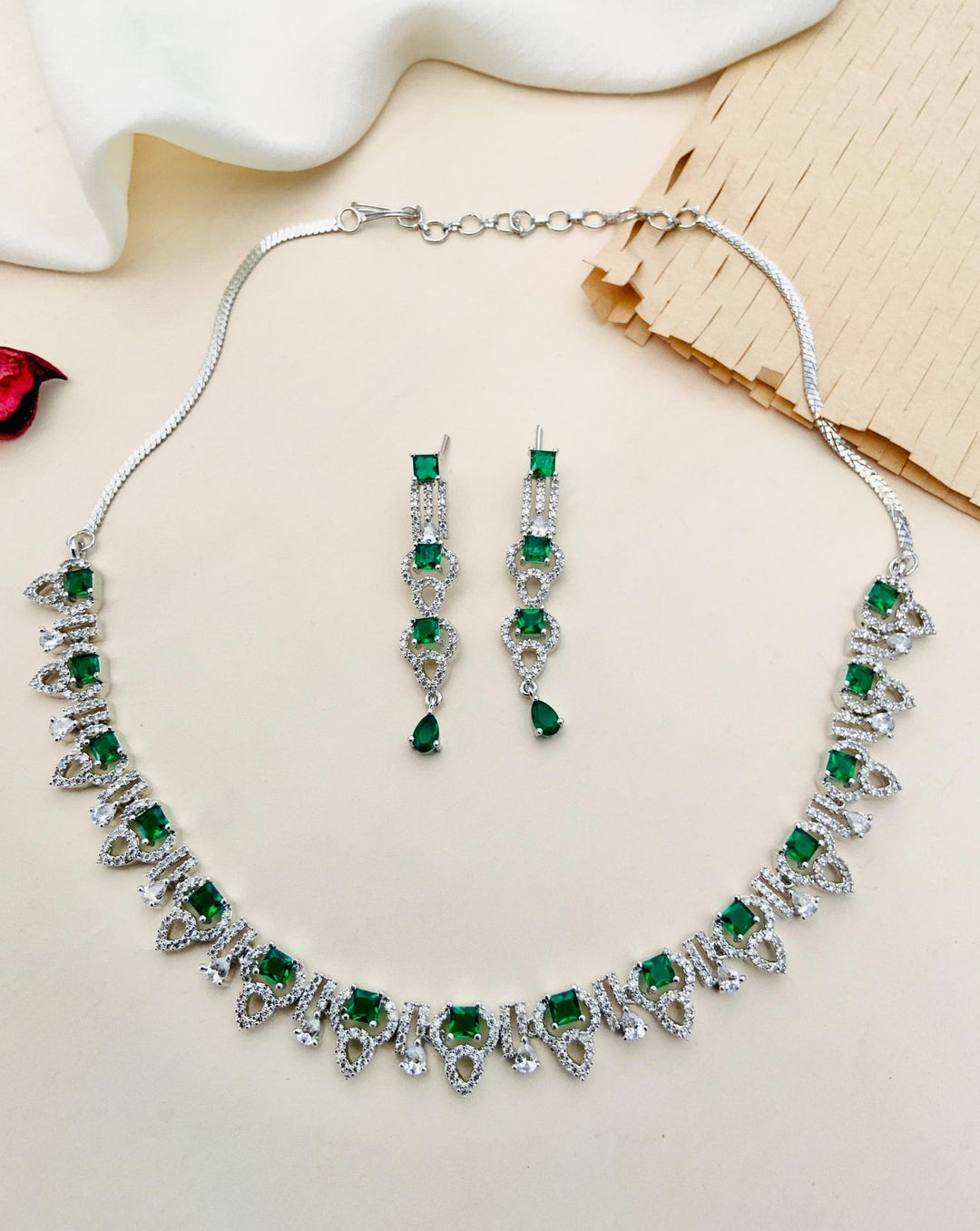 Premium Silver Plated American Diamond Necklace Set |SHOBITAM