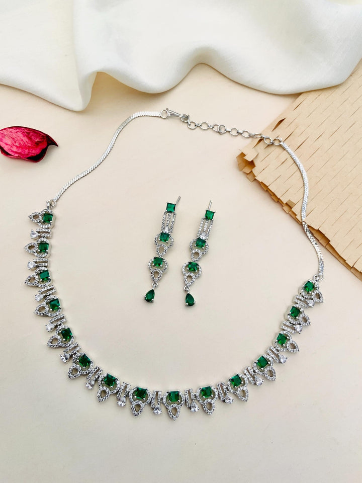 Premium Silver Plated American Diamond Necklace Set |SHOBITAM