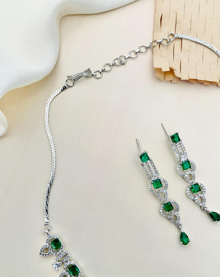 Premium Silver Plated American Diamond Necklace Set |SHOBITAM