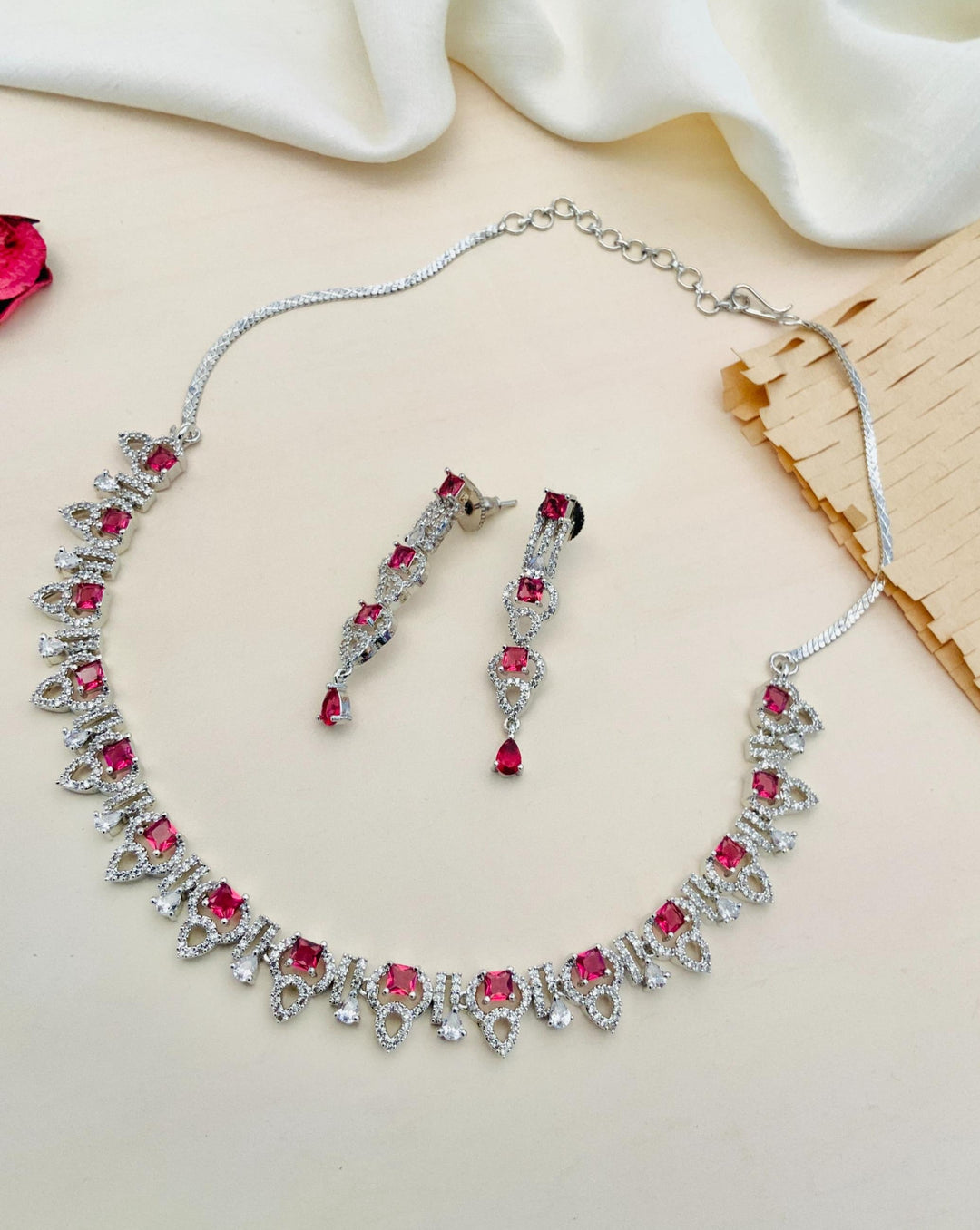 Premium Silver Plated American Diamond Necklace Set |SHOBITAM