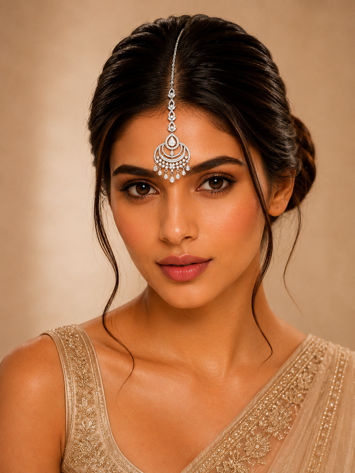 Silver CZ Maangtikka Chandelier Pendant | SHOBITAM