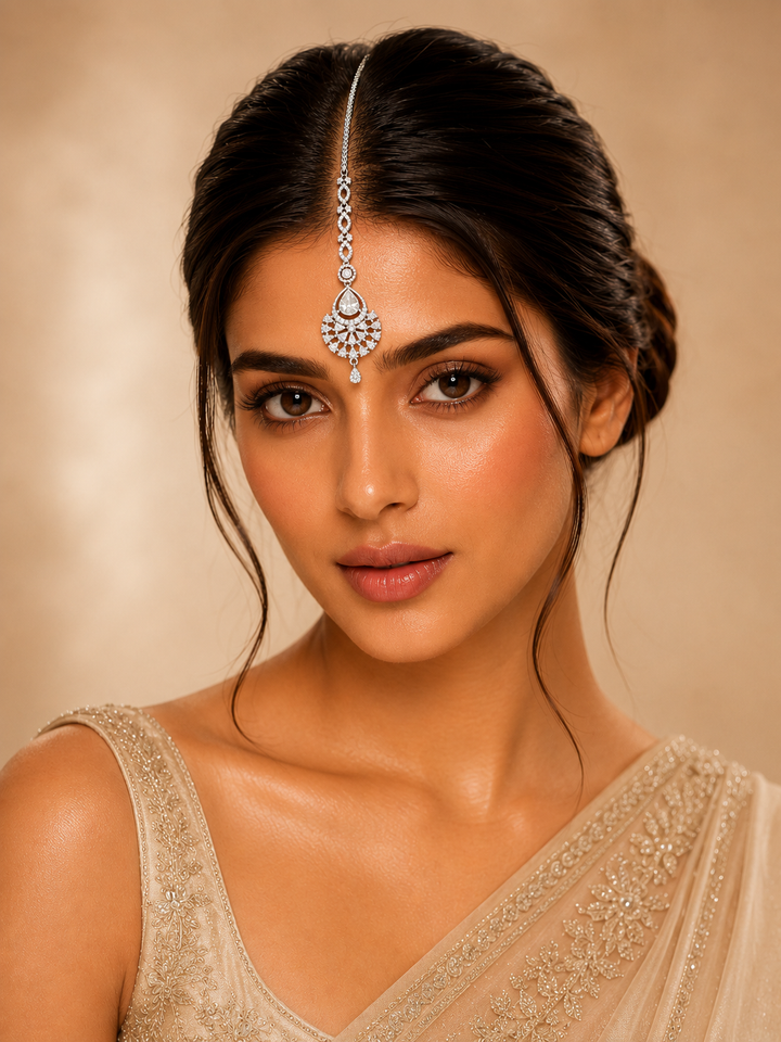 Silver Plated CZ Bridal Elegant Teardrop Maangtikka | SHOBITAM