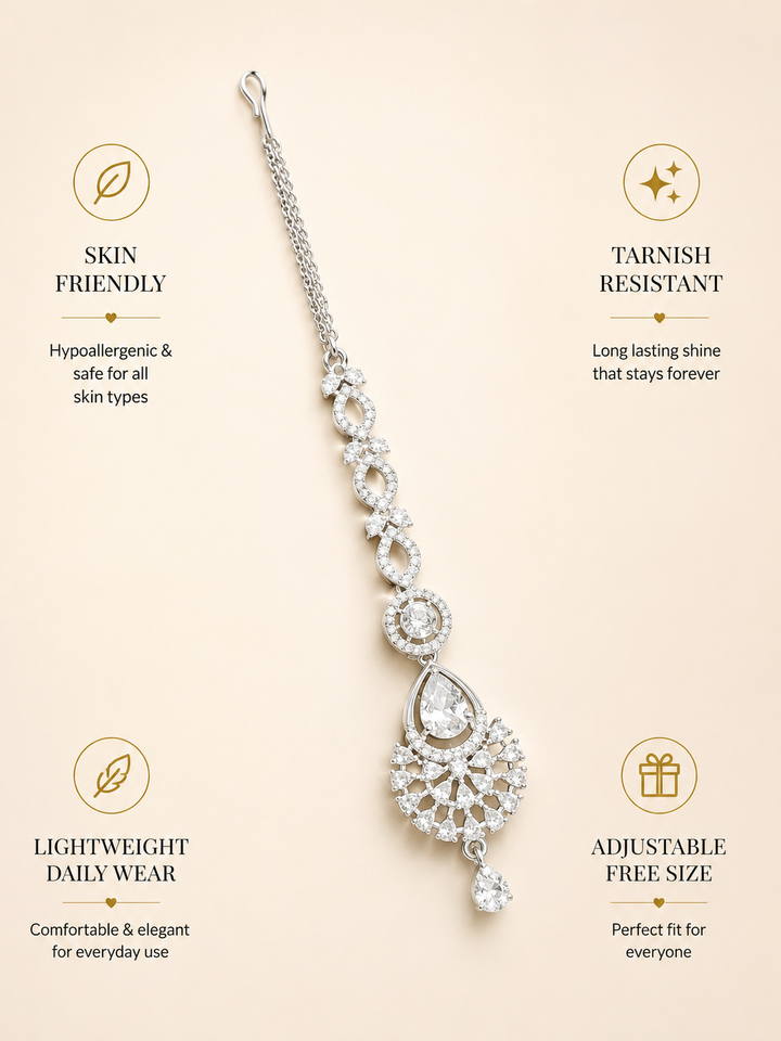 Silver Plated CZ Bridal Elegant Teardrop Maangtikka | SHOBITAM