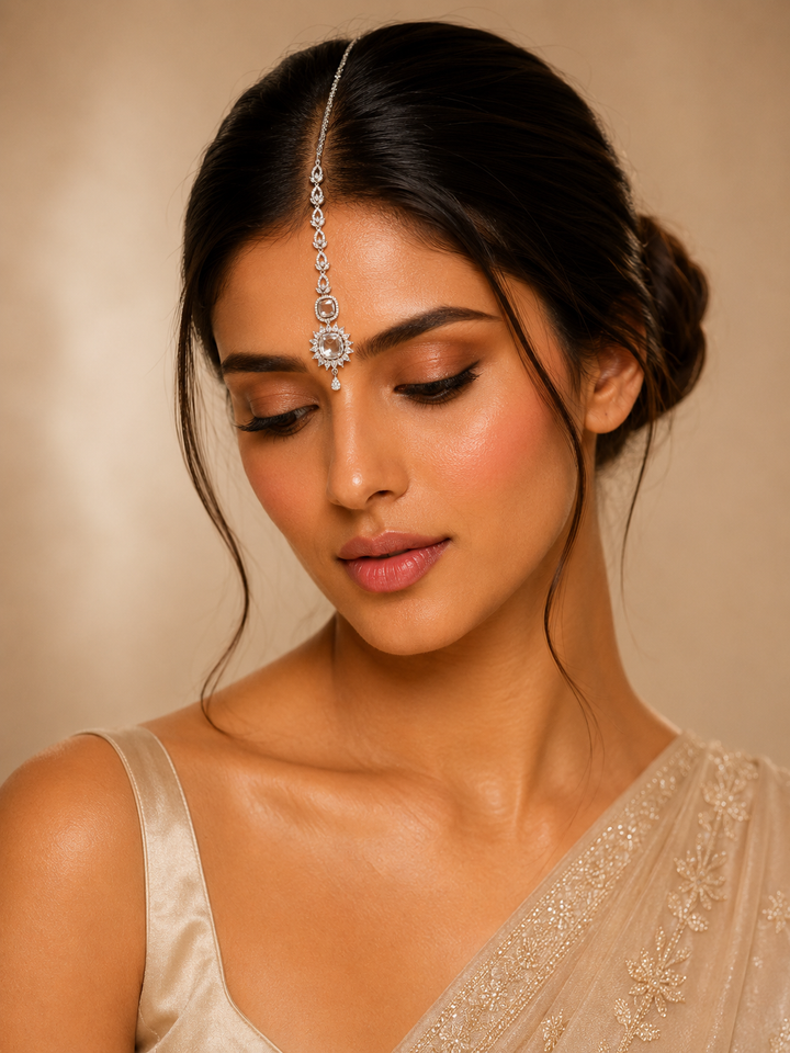 Silver Plated American Diamond Round Maangtikka | SHOBITAM